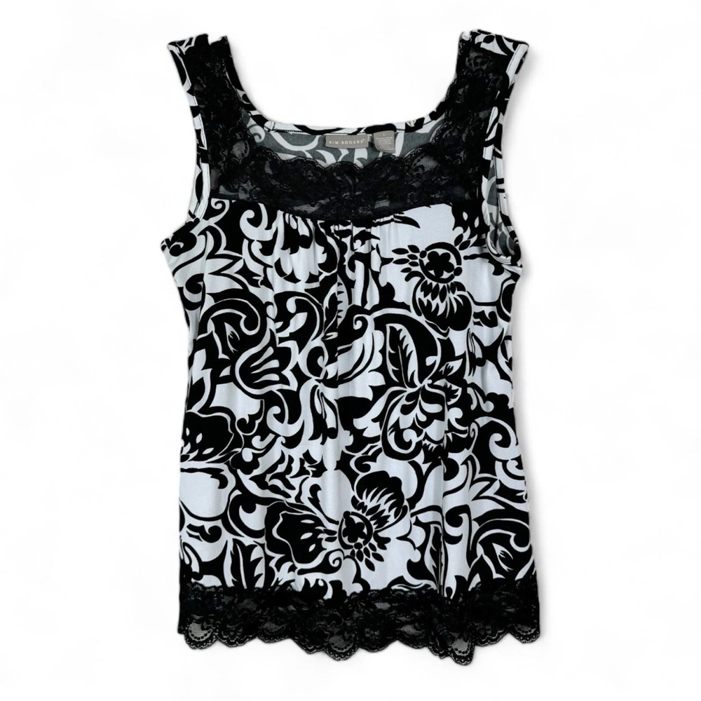 Kim Rogers Tank Top Womens Large Black White Floral Lace Hem and Neck Stretch